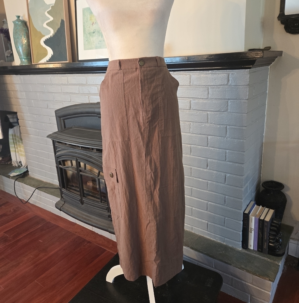 100% Cotton Boho Preppy Cargo Straight Maxi Skirt Brown Khaki Size Small